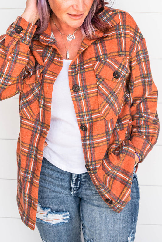 Orange Plus Size Plaid Pocketed Long Sleeve Shirt Plus Size Tops JT's Designer Fashion