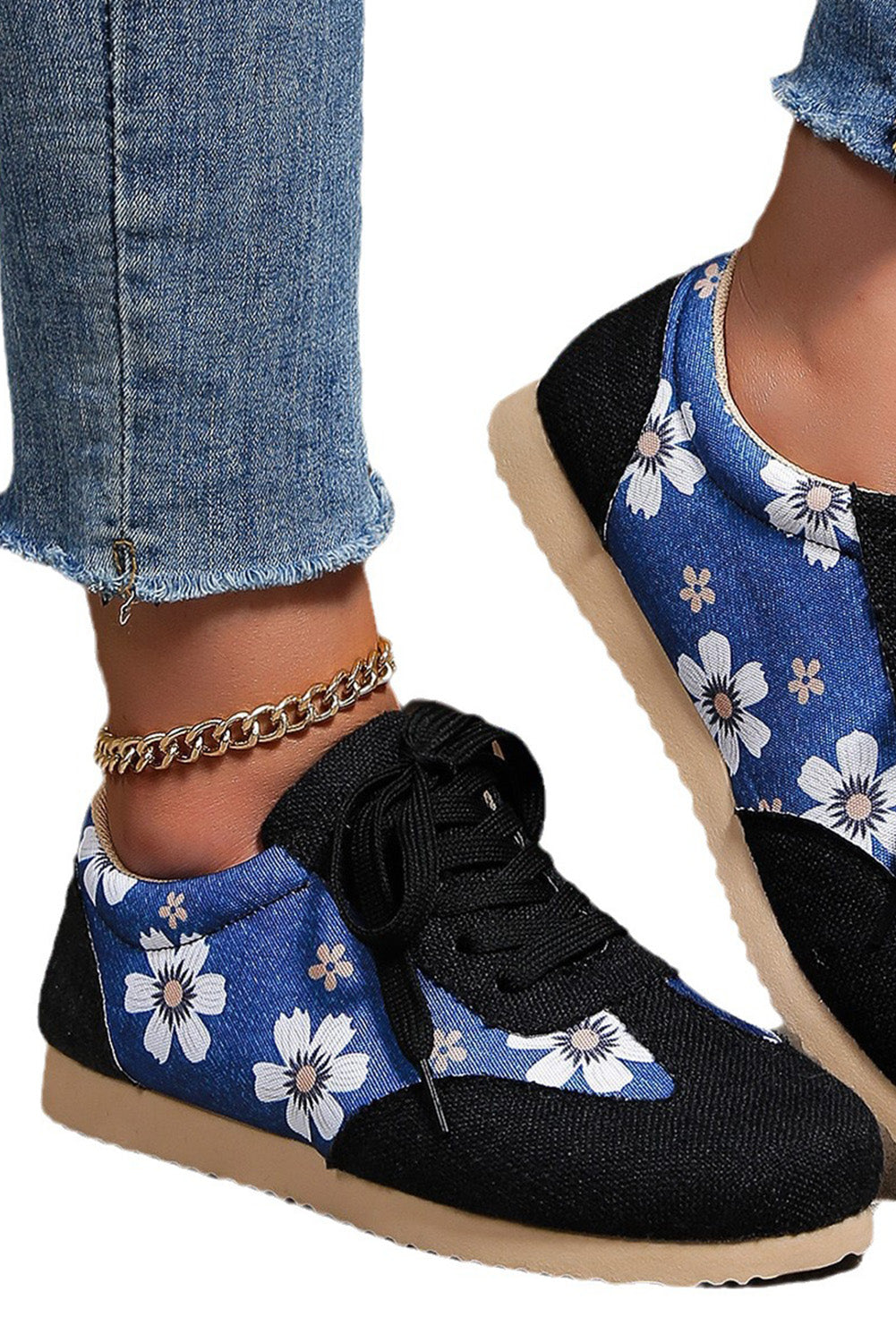 Black Floral Patchwork Lace-up Linen Sneakers Women's Shoes JT's Designer Fashion