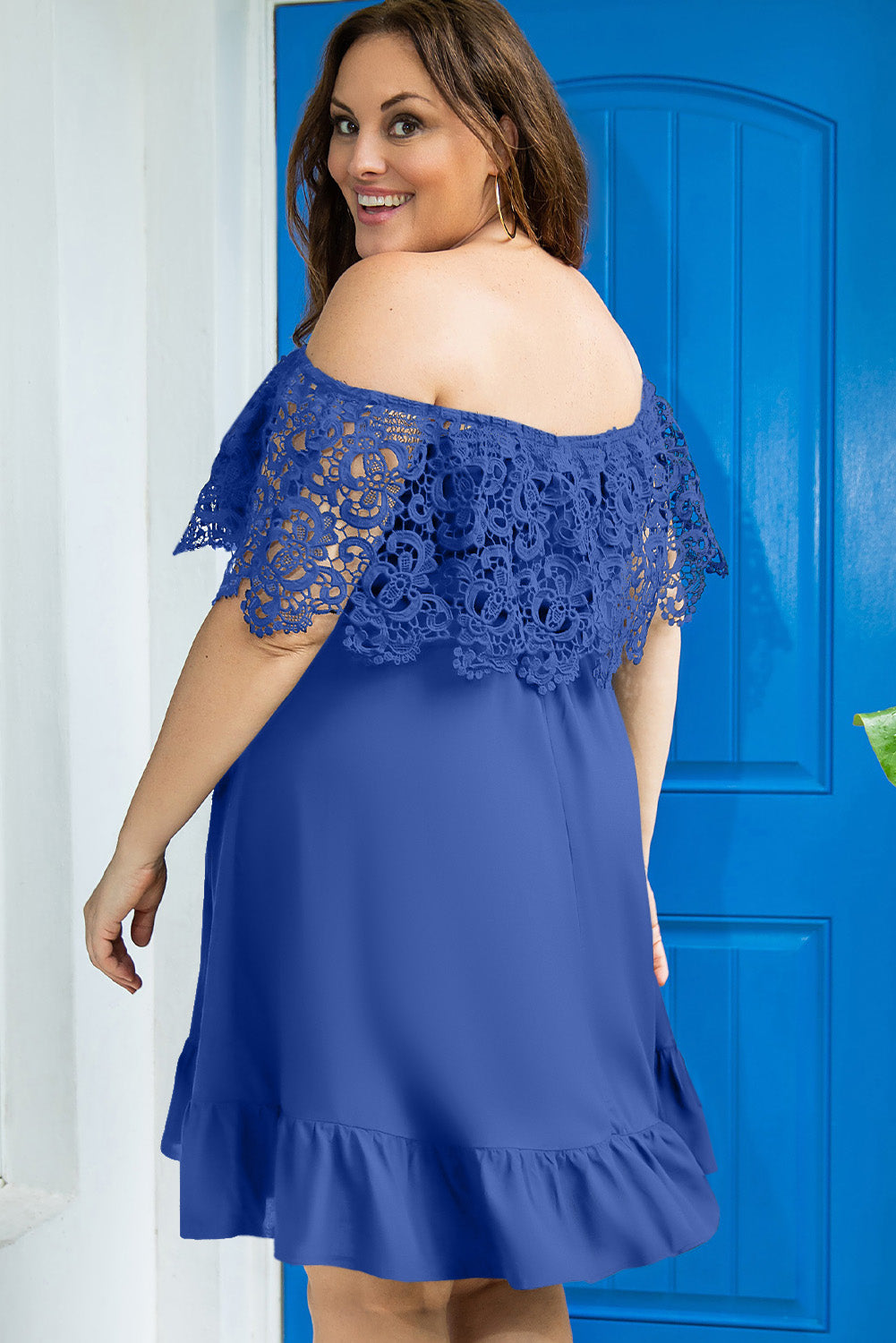 Blue Off-the-shoulder Lace Sleeves Plus size Dress Plus Size Dresses JT's Designer Fashion