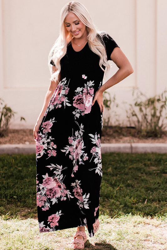 Black Contrast Floral Empire Waist Maxi Dress Black 95%Polyester+5%Elastane Maxi Dresses JT's Designer Fashion