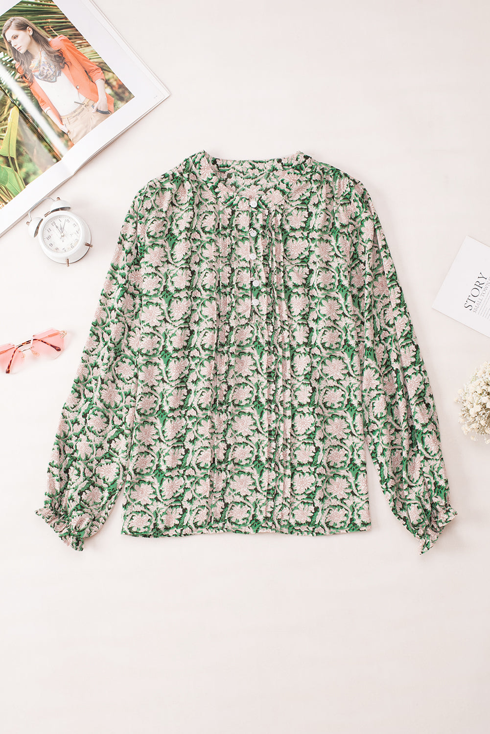 Green Floral Print Split Neck Pleated Puff Sleeve Blouse Tops & Tees JT's Designer Fashion