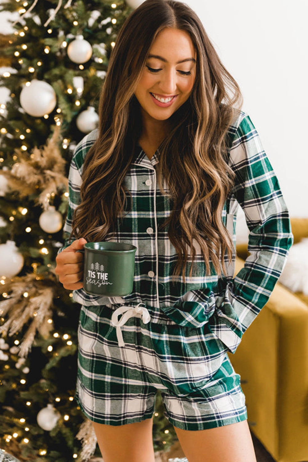 Blackish Green Plaid Long Sleeve Shirt Drawstring Shorts Pajamas Loungewear JT's Designer Fashion