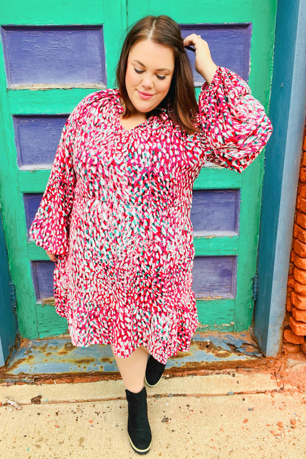 Rose Ditsy Printed Plus Size Long Sleeve Ruffle Dress Plus Size JT's Designer Fashion