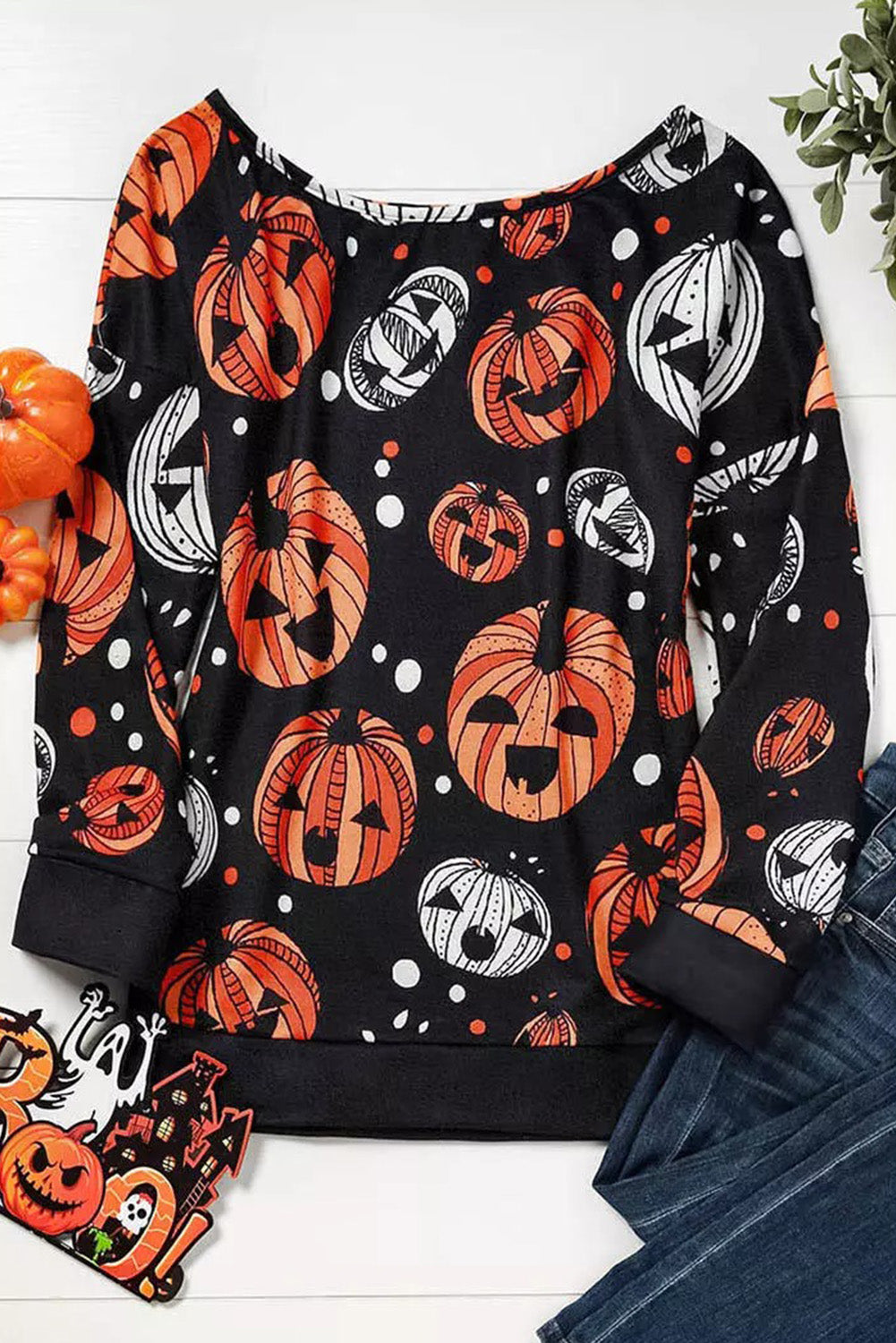 Black Halloween Pumpkin Face Crew Neck Top Long Sleeve Tops JT's Designer Fashion