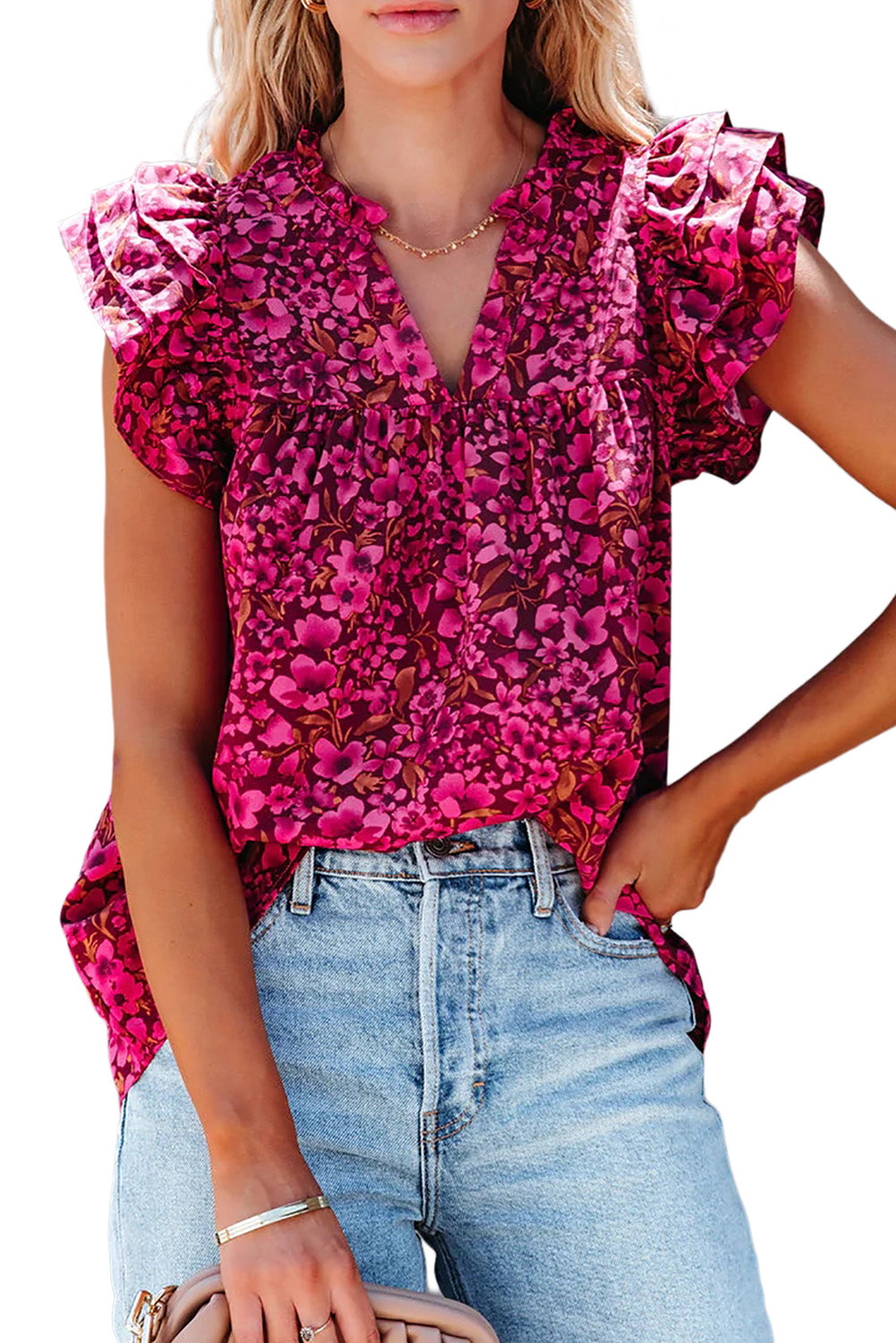 Rose Floral Print Tiered Flutter Sleeve V Neck Top Tank Tops JT's Designer Fashion