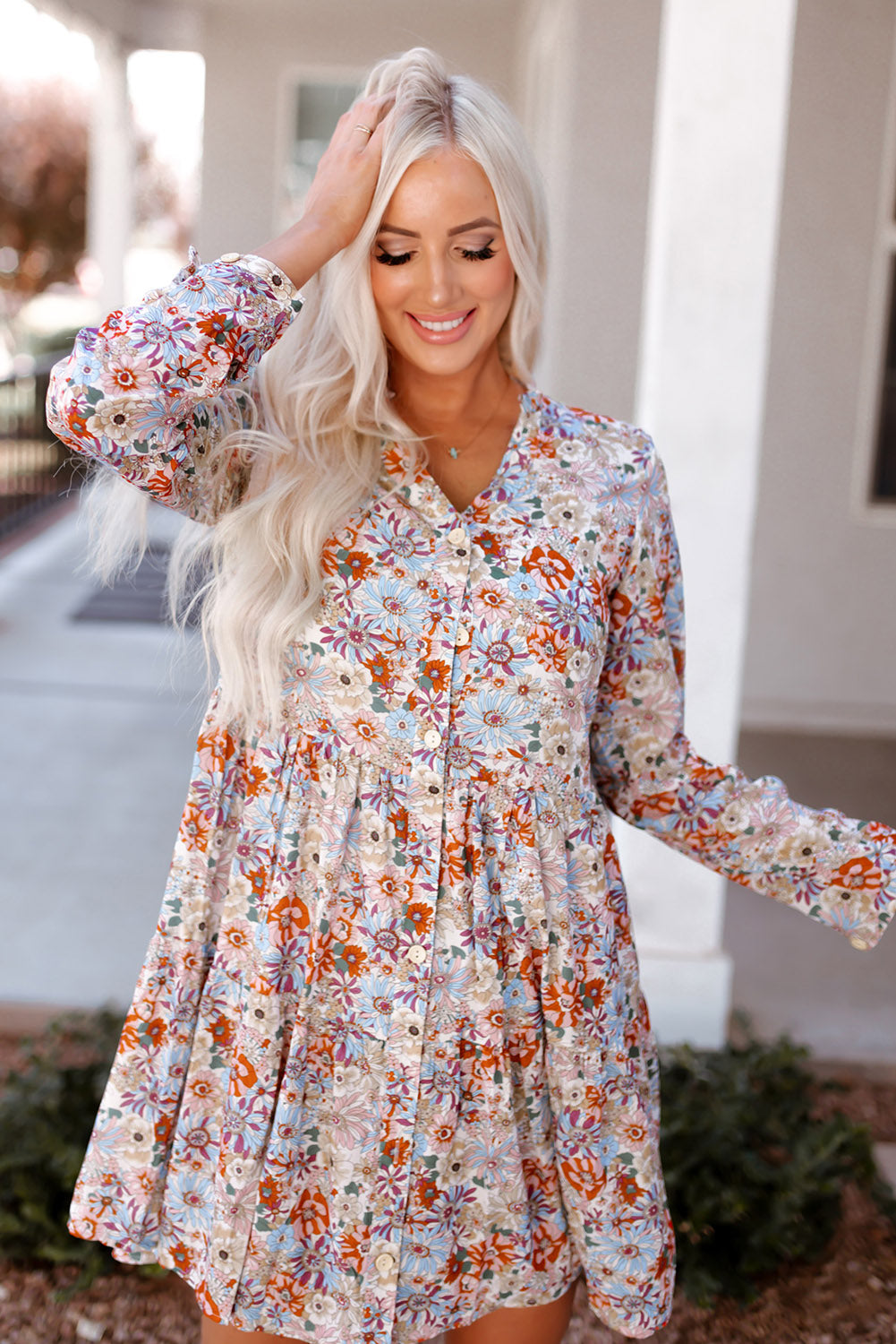 Multicolor Split Neck Buttons Front Shirt Floral Dress Floral Dresses JT's Designer Fashion