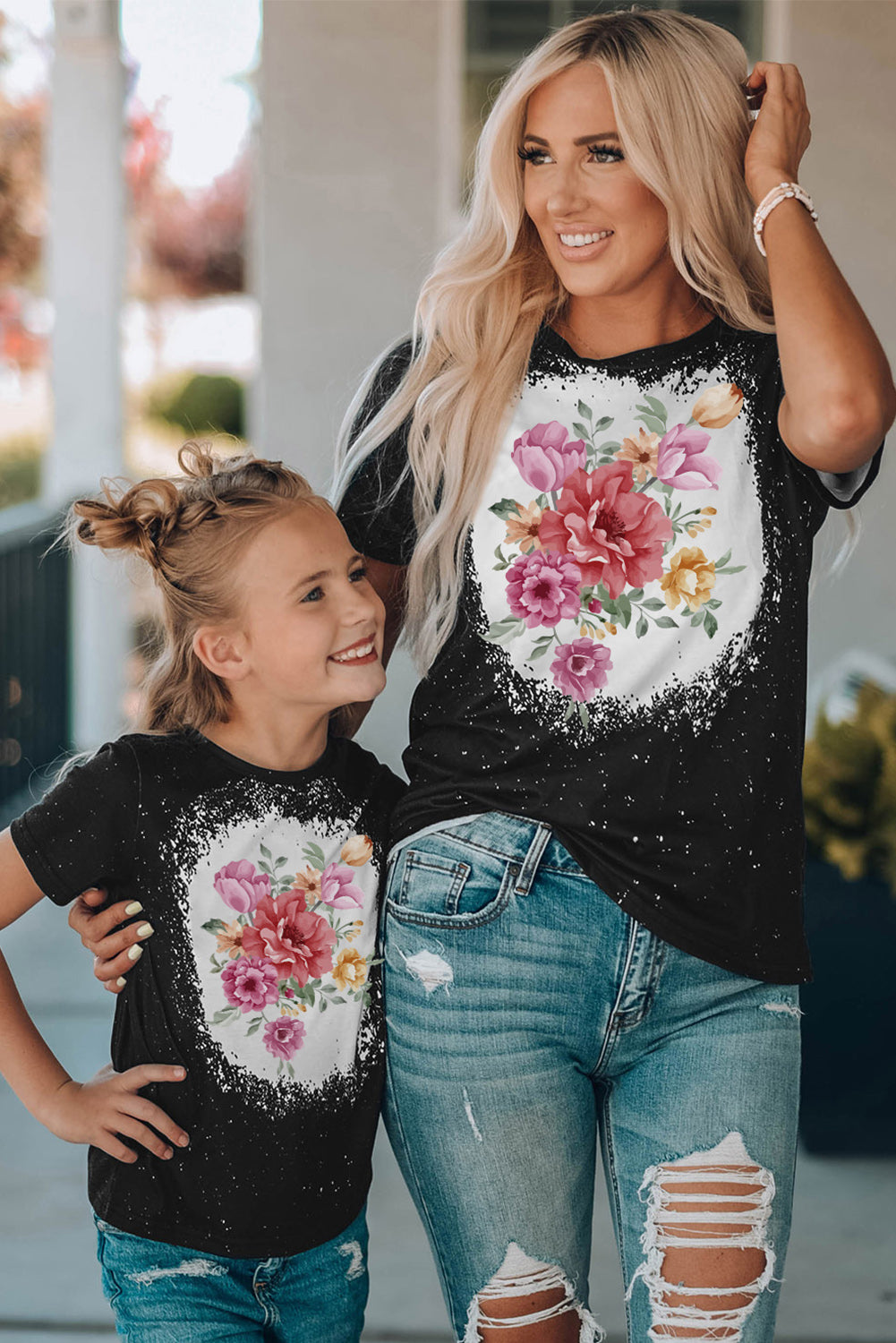 Black Family Matching Girl's Floral Print Color Block T Shirt Family T-shirts JT's Designer Fashion