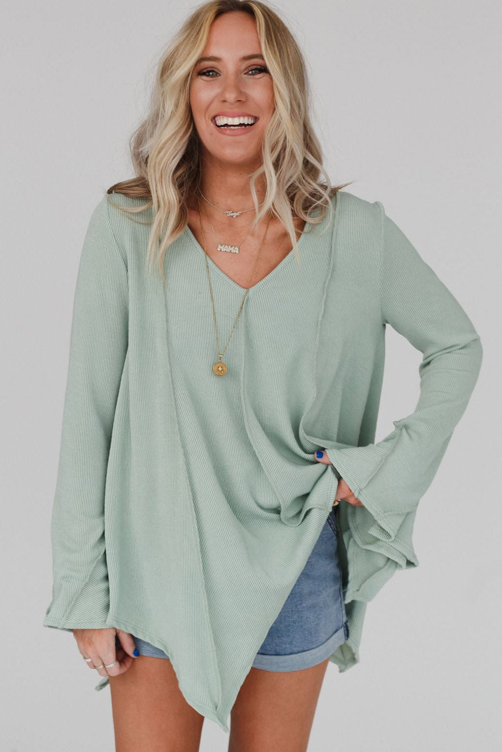 Green Ribbed Expose Seam Bell Sleeve Top Tops & Tees JT's Designer Fashion