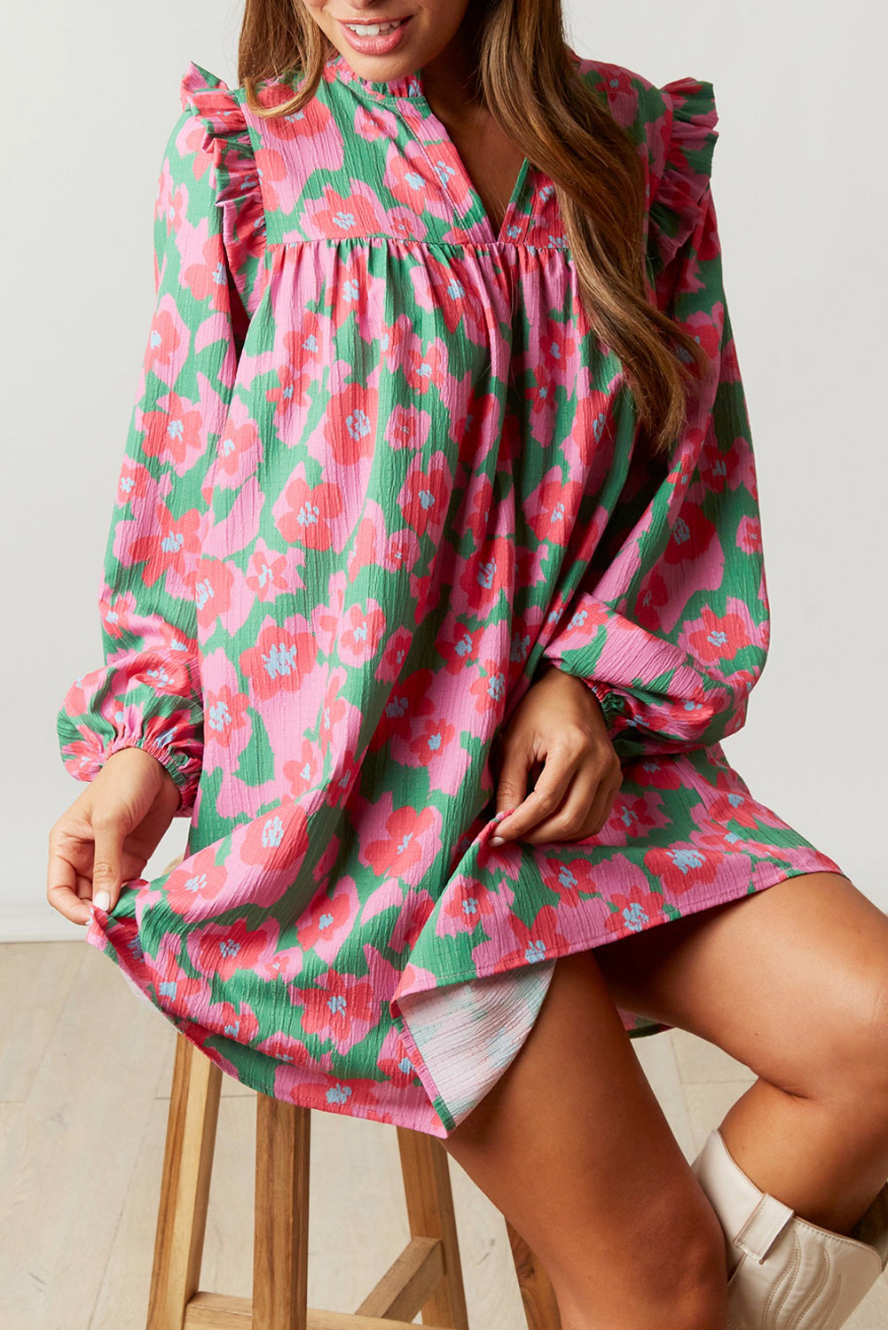 Pink Split V Neck Bubble Sleeve Loose Floral Dress Floral Dresses JT's Designer Fashion