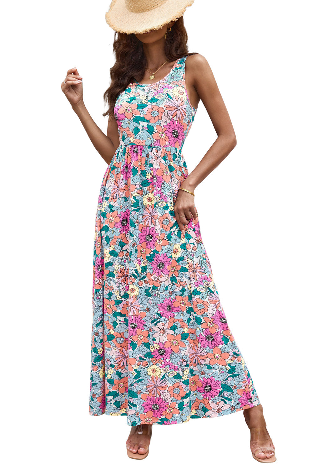 Multicolor Floral Print High Waist Sleeveless Maxi Dress Floral Dresses JT's Designer Fashion