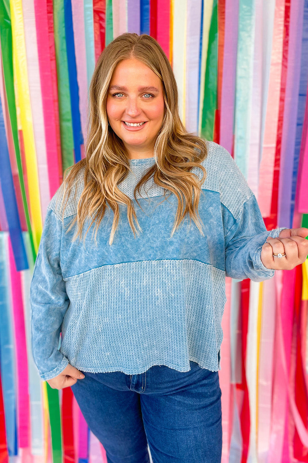 Sky Blue Plus Size Waffle Knit Patchwork Drop Shoulder Top Plus Size JT's Designer Fashion