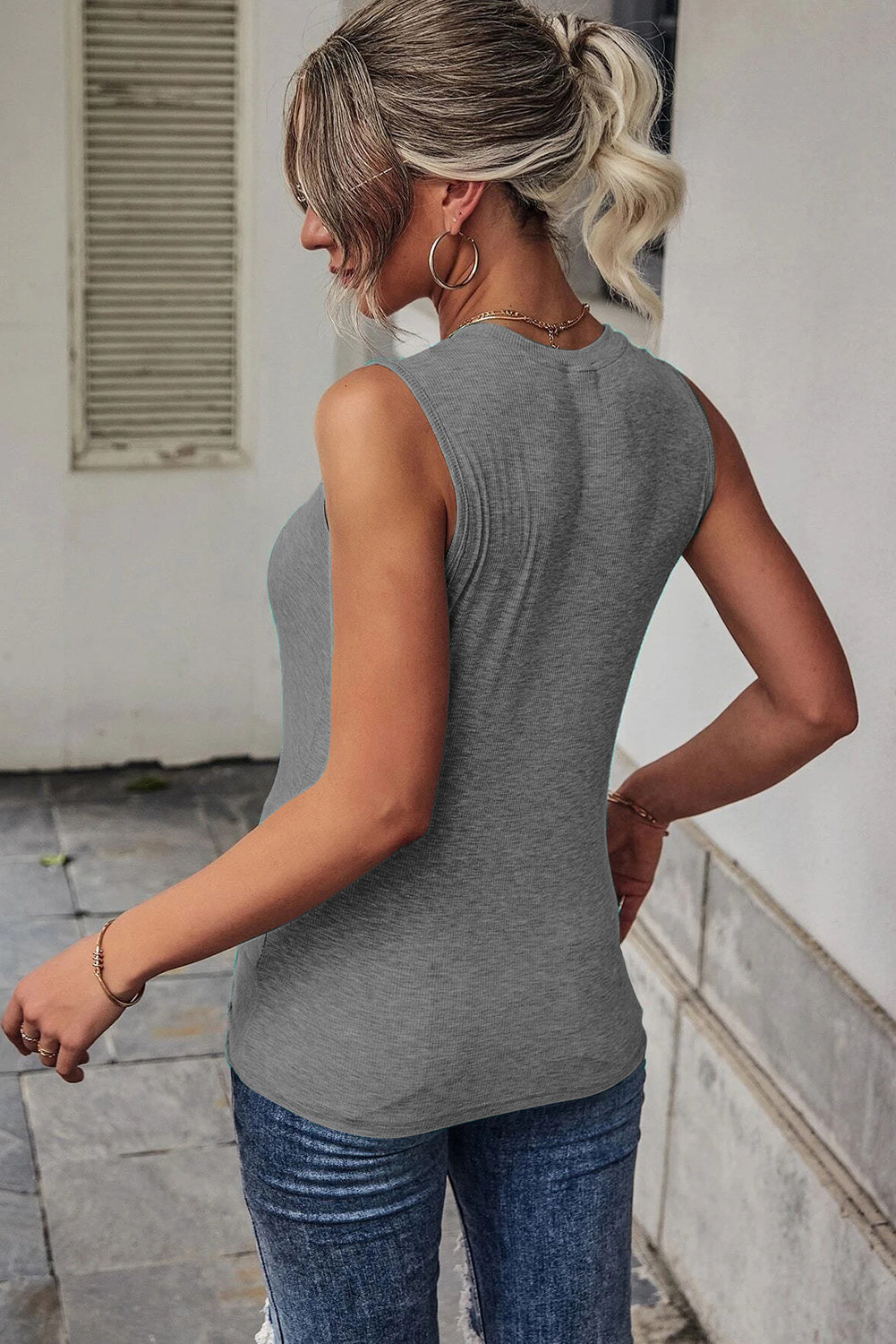 Gray Rib Knit Cut-out Front Twist Tank Top Tank Tops JT's Designer Fashion