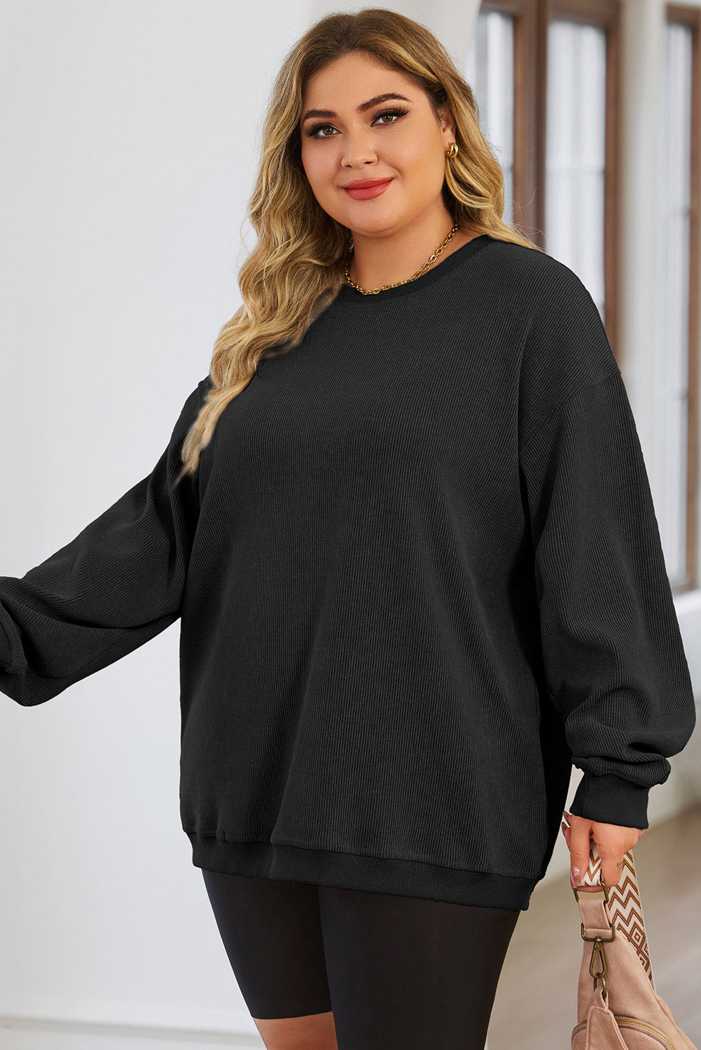 Black Plus Size Corded Round Neck Sweatshirt Plus Size JT's Designer Fashion