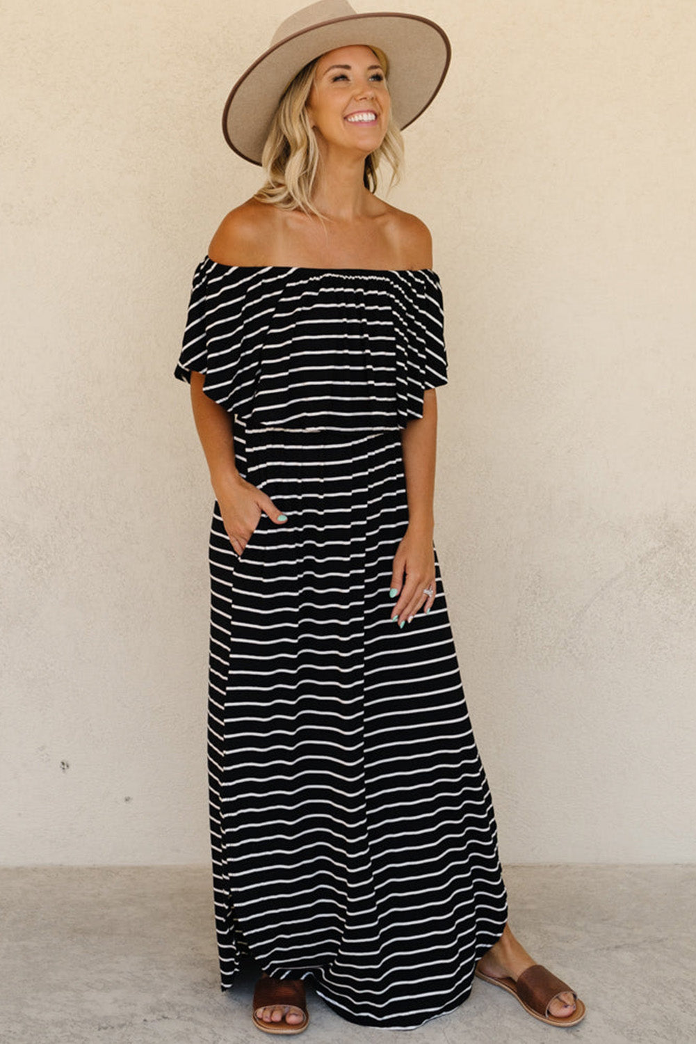 Blue Striped Print Ruffled High Waist Maxi Dress with Side Splits Maxi Dresses JT's Designer Fashion