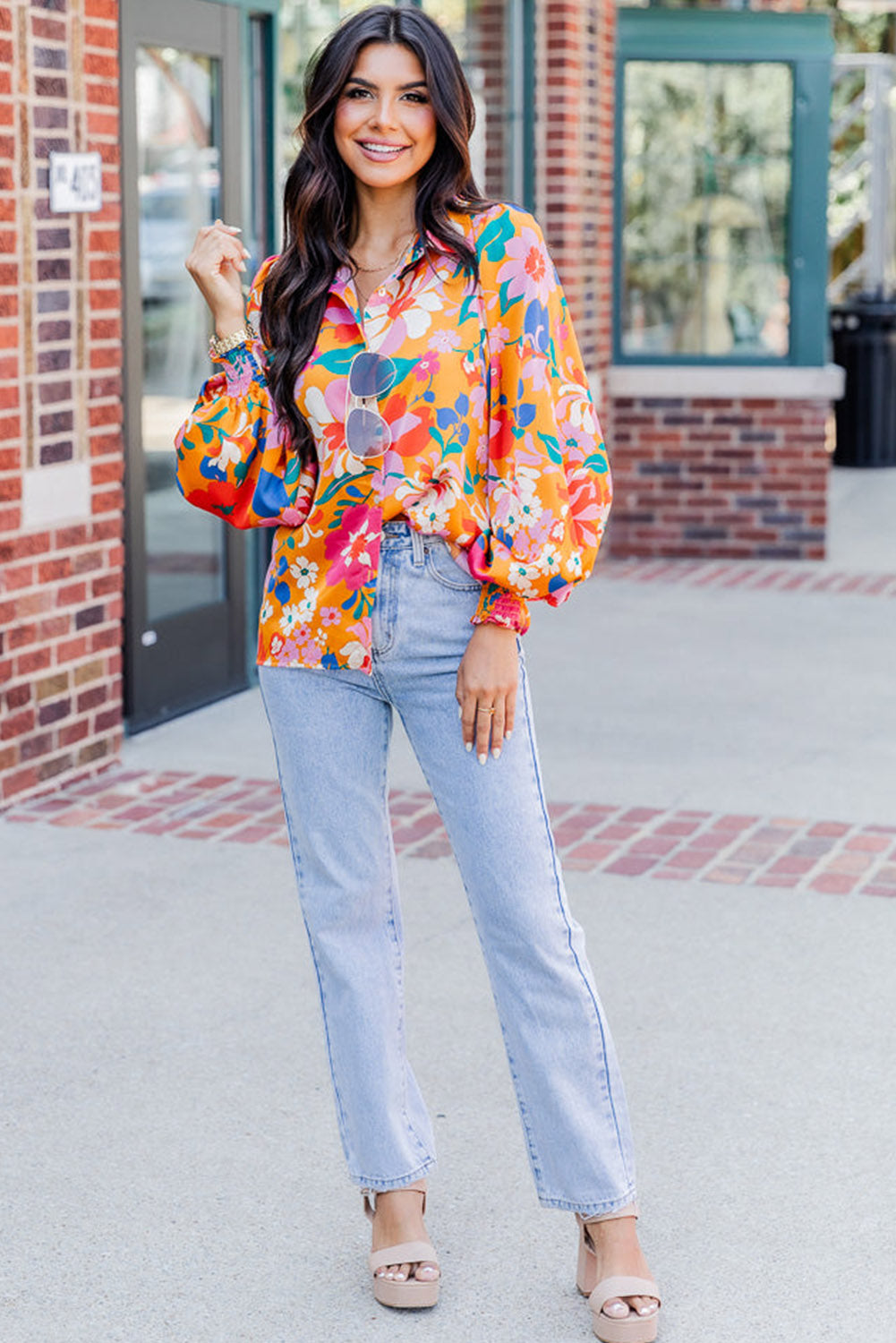 Carrot Floral Print Smocked Puff Sleeve Shirt Tops & Tees JT's Designer Fashion