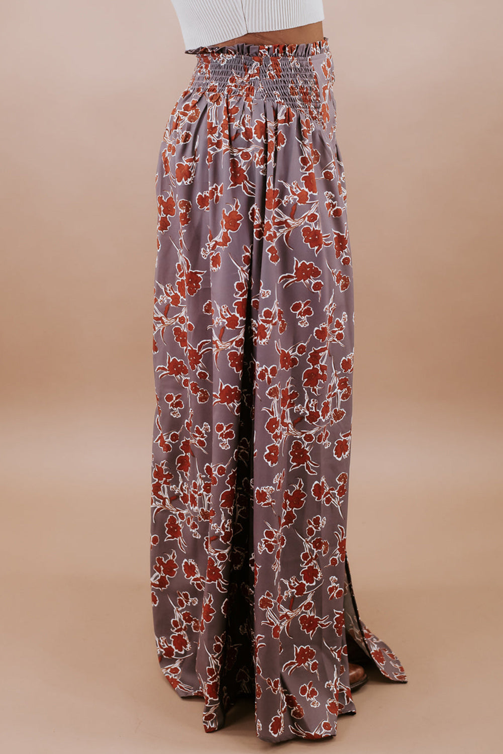 Purple Floral Print Shirred Waist Split Front Plus Size Maxi Skirt Plus Size JT's Designer Fashion