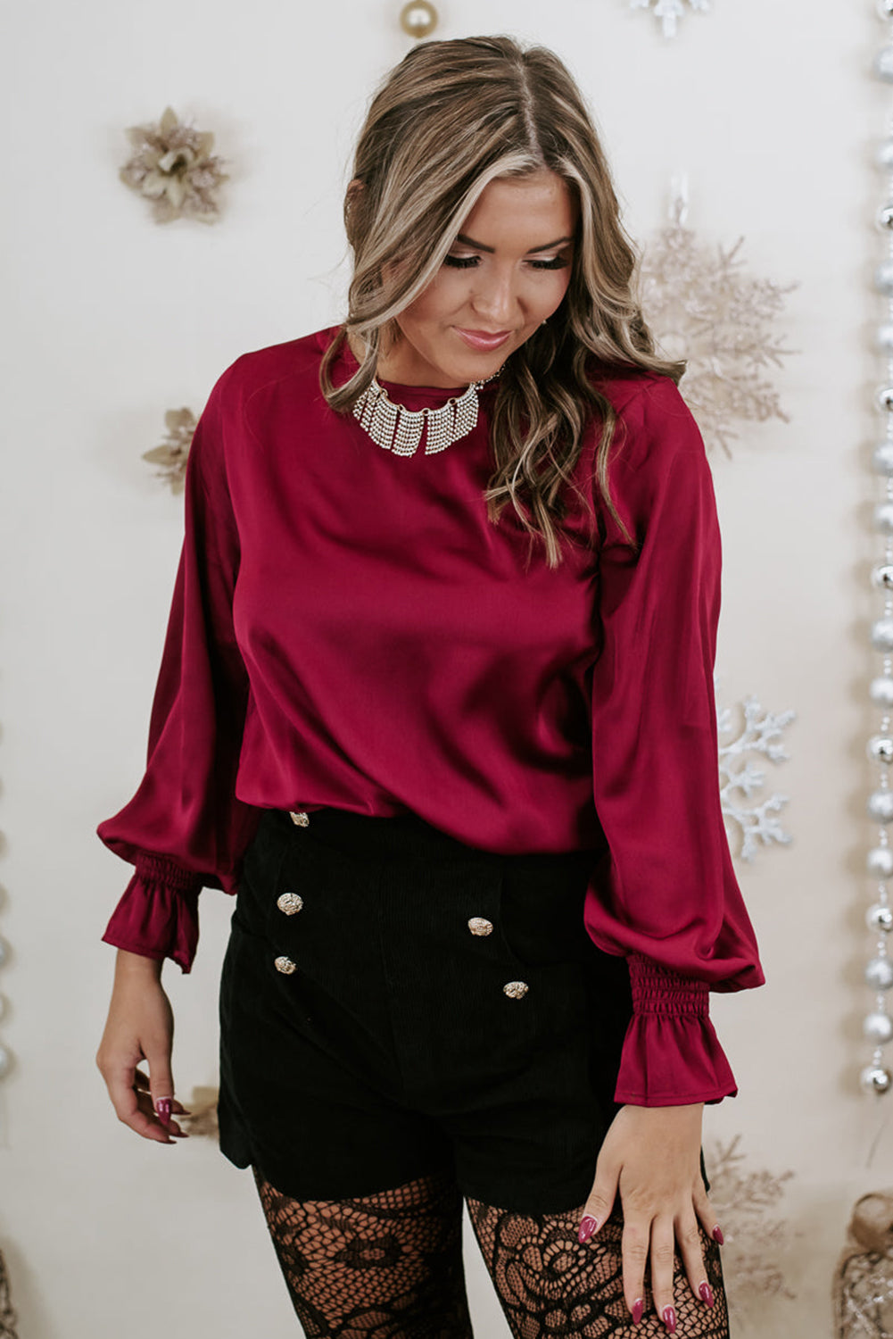 Biking Red Flounce Sleeve Keyhole Back Plus Size Satin Blouse Plus Size JT's Designer Fashion