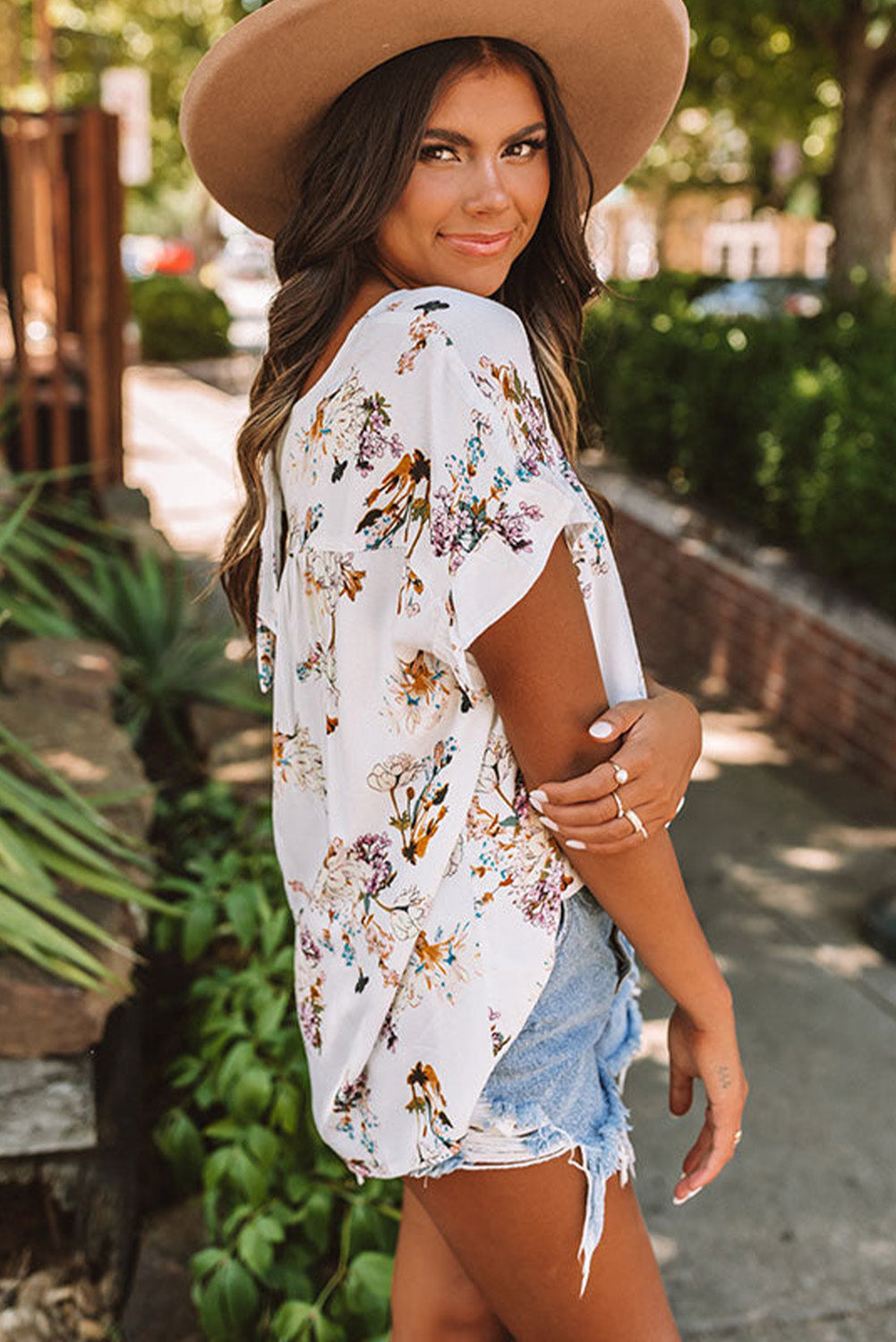 White Floral Ruffled Short Sleeve Back Knot Blouse Blouses & Shirts JT's Designer Fashion