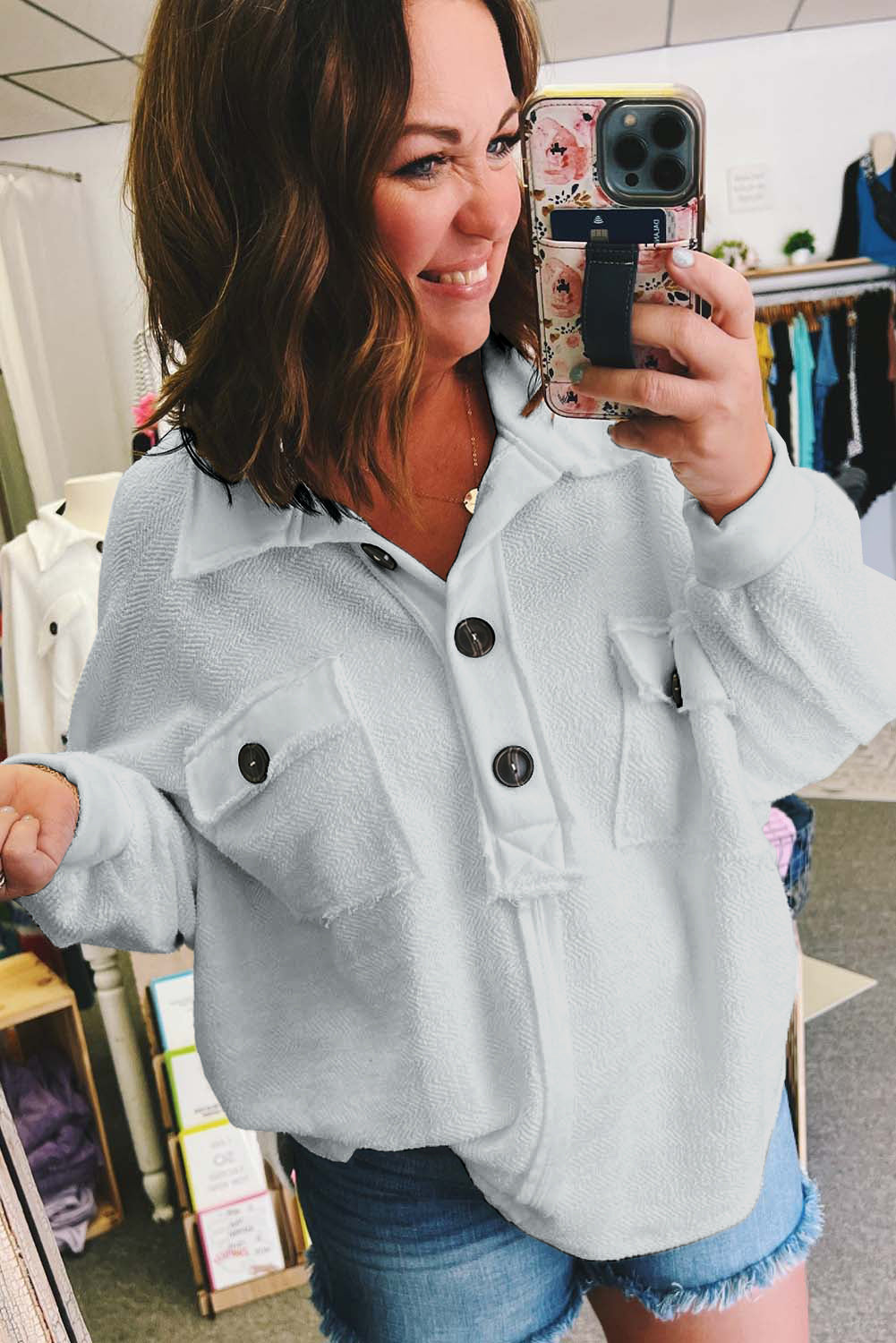 Light Grey White Plus Size Long Sleeve Flap Pocket Henley Top Plus Size JT's Designer Fashion