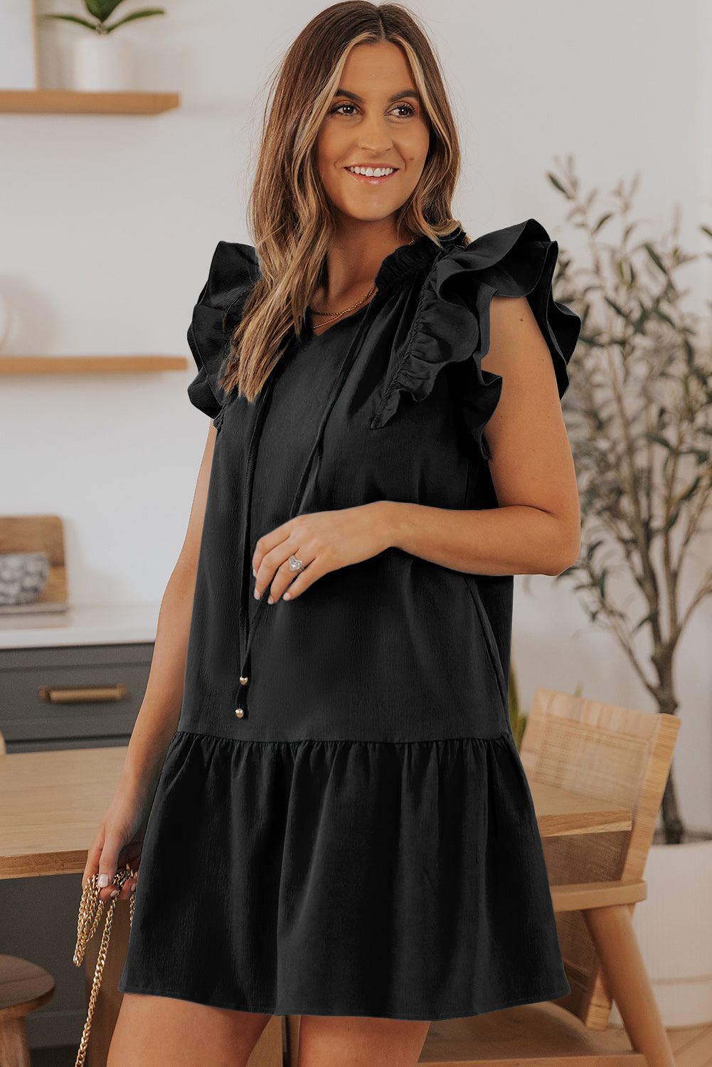 Black Tiered Ruffled Sleeves Mini Dress with Pockets Mini Dresses JT's Designer Fashion