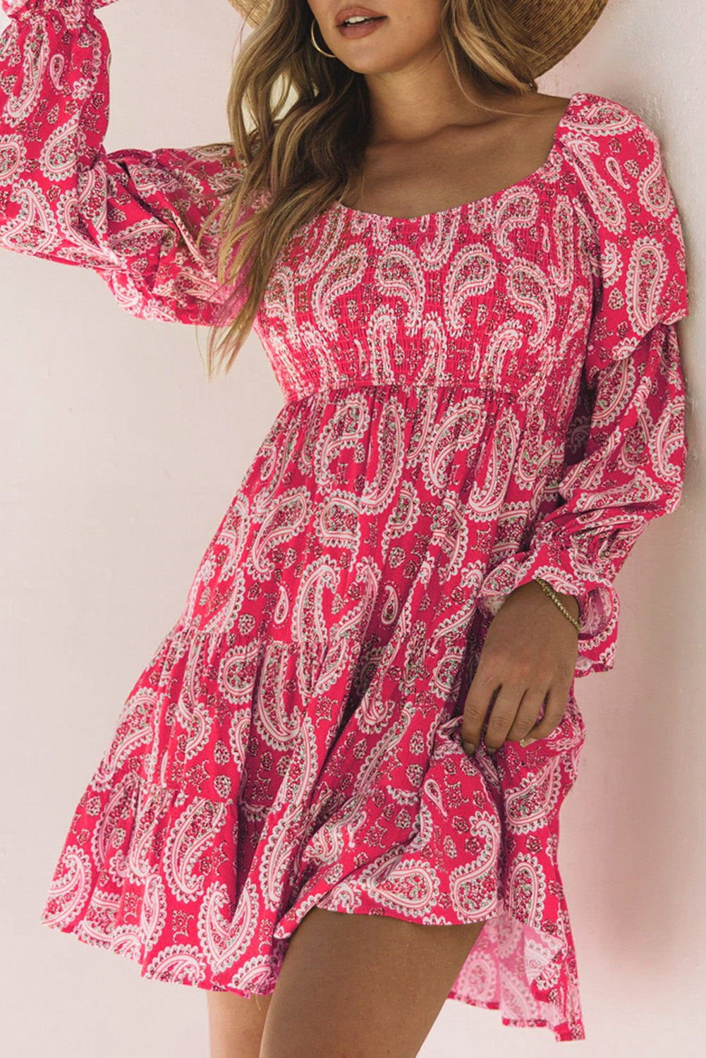 Strawberry Pink Boho Paisley Long Sleeve Floral Dress Dresses JT's Designer Fashion