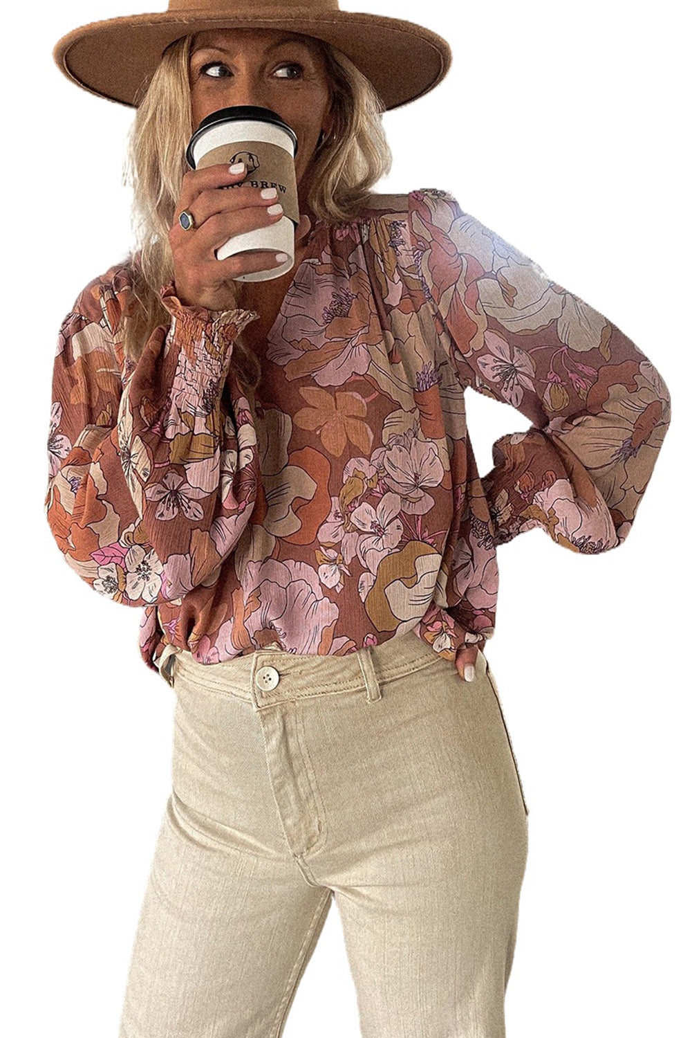 Brown Frilled V Neck Bubble Sleeve Floral Blouse Blouses & Shirts JT's Designer Fashion