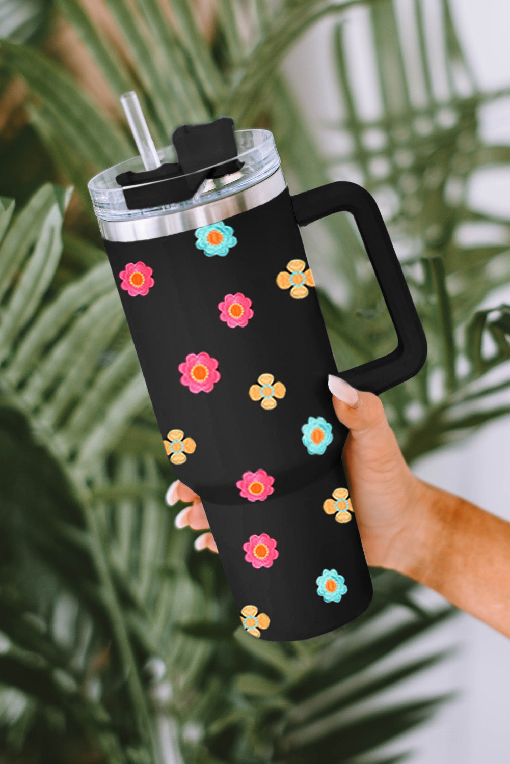 Black Cute Florets 304 Stainless Double Layer Thermos Cup Tumblers JT's Designer Fashion