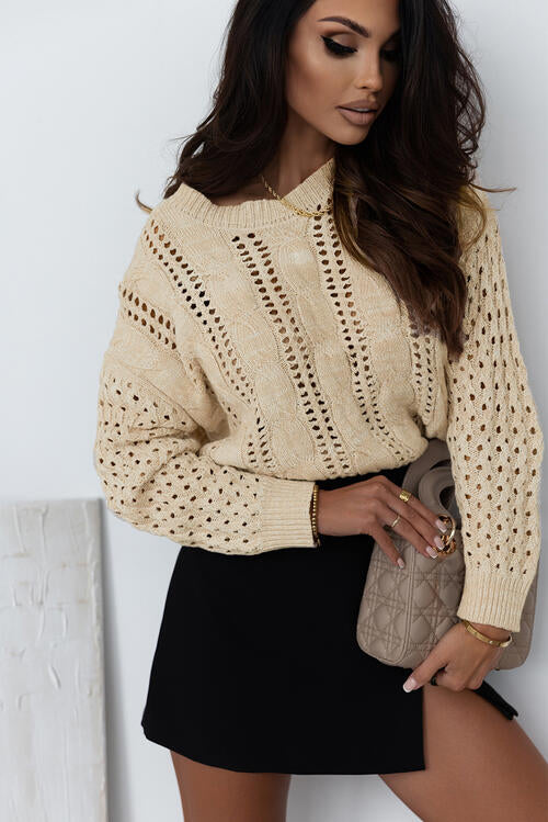 Full Size Openwork Cable-Knit Round Neck Knit Top Sweaters & Cardigans JT's Designer Fashion