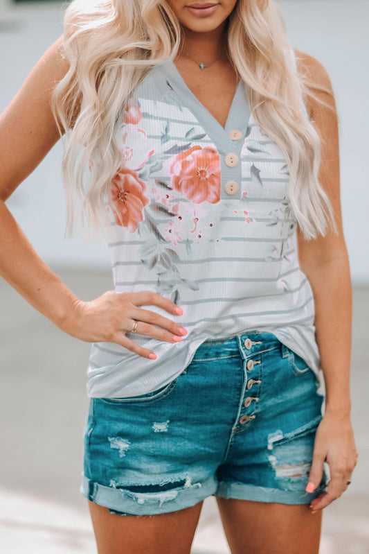 Gray Floral Print V-neck Sleeveless Button Striped Tank Top Gray 95%Polyester+5%Spandex Tank Tops JT's Designer Fashion