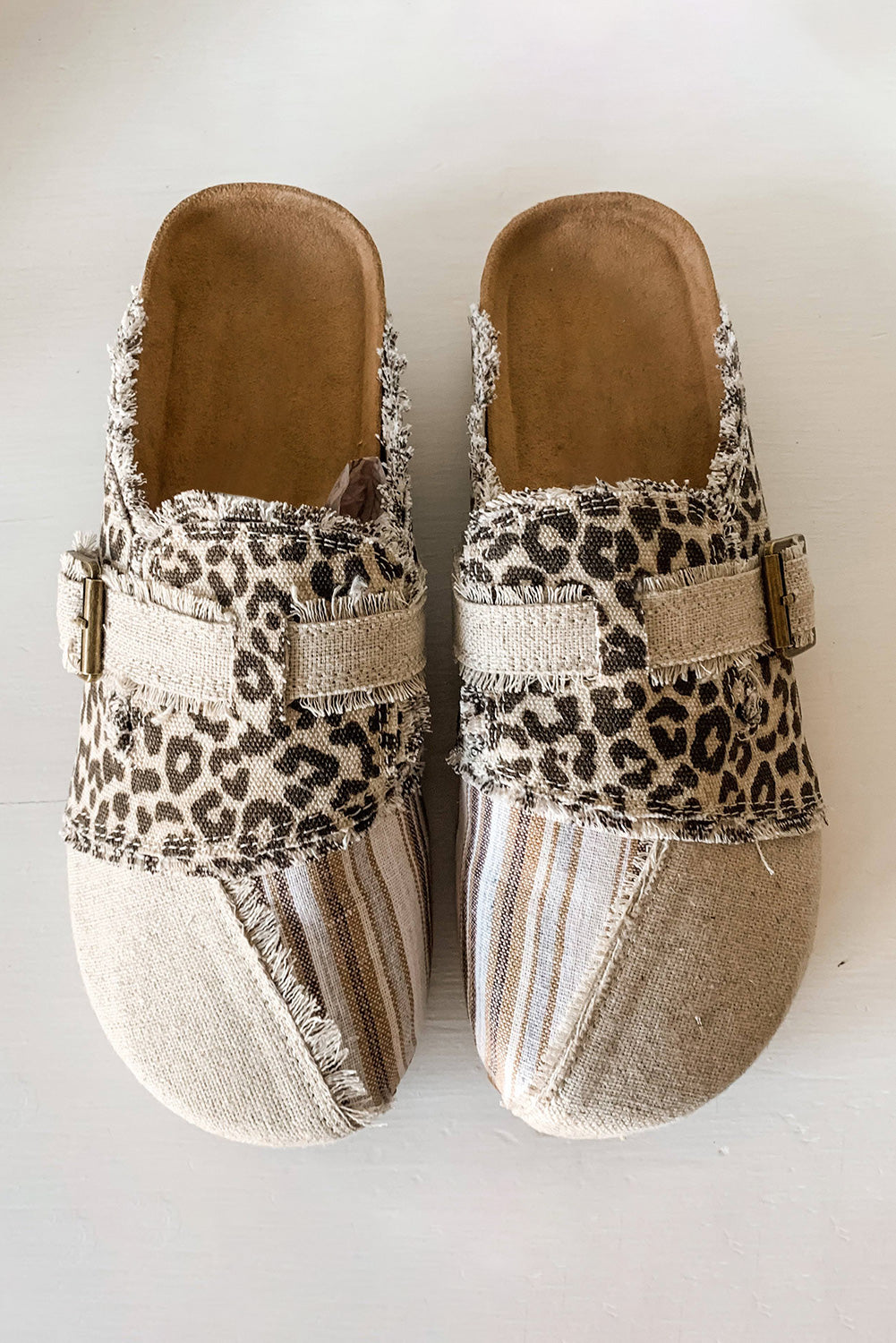 Leopard Distressed Patchwork Buckle Round Toe Slippers Slippers JT's Designer Fashion