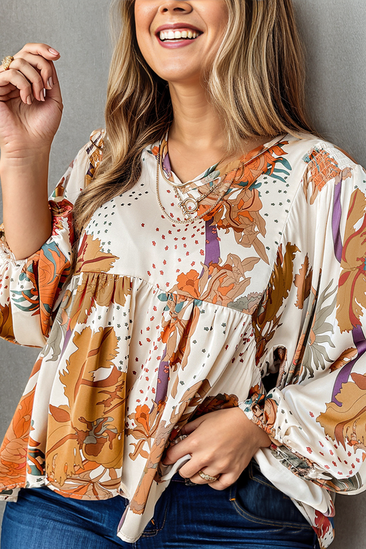 Orange Plus Fall Flower Print Puff Sleeve Babydoll Blouse Plus Size JT's Designer Fashion