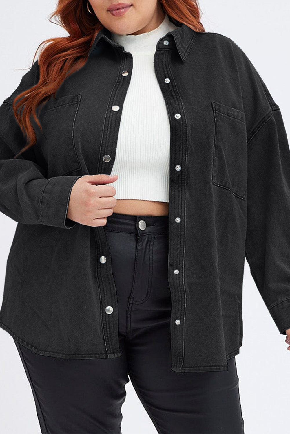 Black Plus Chest Pockets Snap Button Denim Jacket Plus Size JT's Designer Fashion