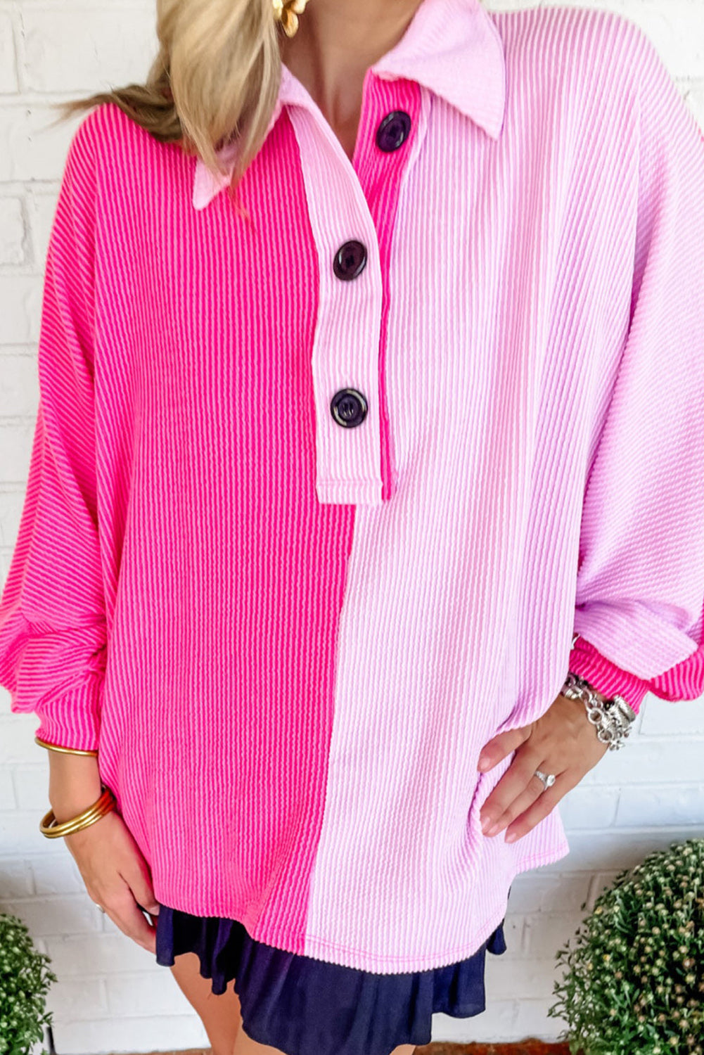 Pink Contrast Color Block Corded Polo Collar Blouse Tops & Tees JT's Designer Fashion