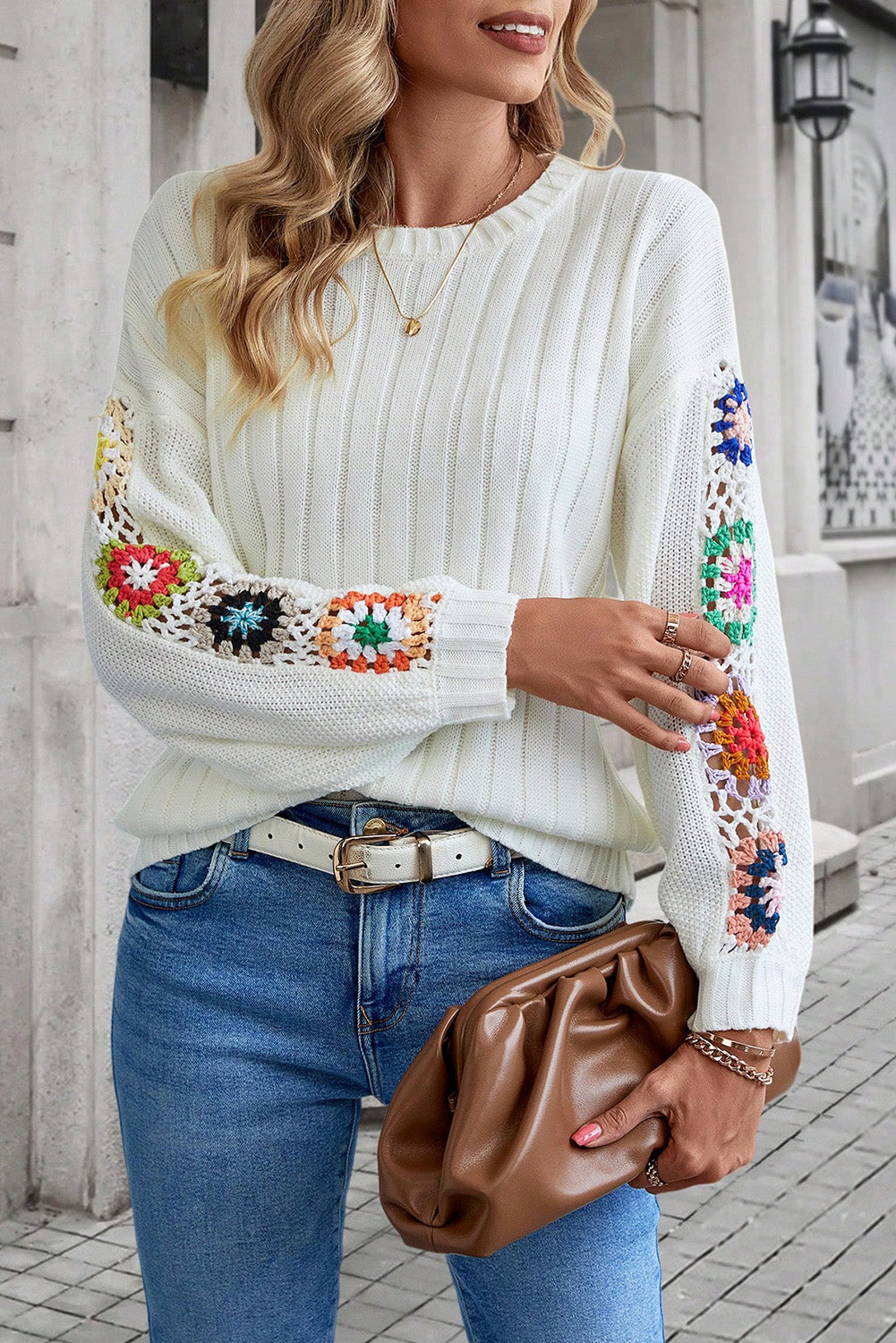 Bright White Floral Crochet Sleeve Ribbed Knit Sweater Pre Order Sweaters & Cardigans JT's Designer Fashion