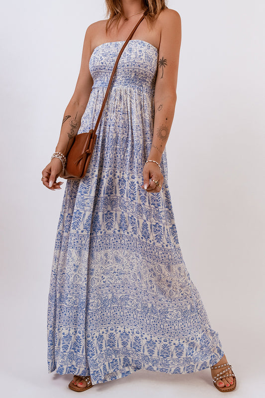 Blue Tube Smocked Floral Maxi Dress Blue 100%Polyester Maxi Dresses JT's Designer Fashion