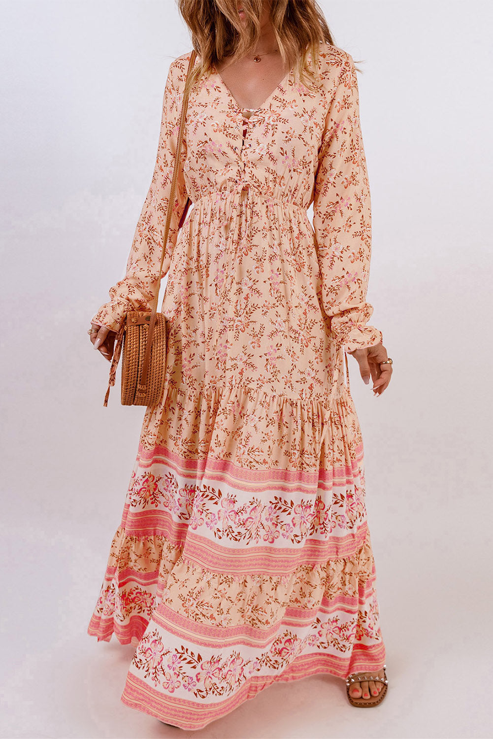 Orange Drawstring Lace-up V Neck Long Sleeve Floral Maxi Dress Orange 100%Viscose Maxi Dresses JT's Designer Fashion