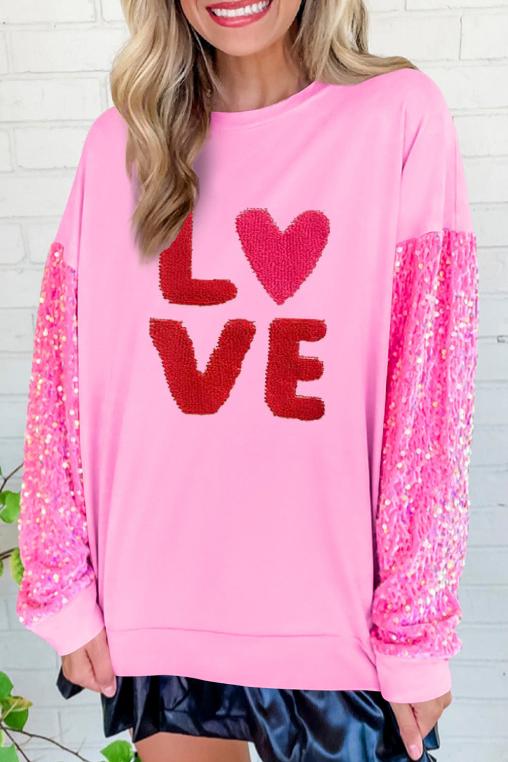 Pink Valentines LOVE Graphic Sequin Sleeve Top Graphic Sweatshirts JT's Designer Fashion