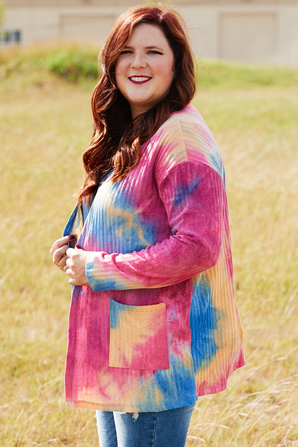 Multicolor Plus Size Tie-dye Print Ribbed Cardigan Plus Size JT's Designer Fashion