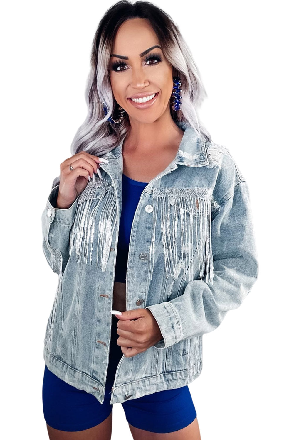 Sky Blue Sequin Fringe Star Print Frayed Denim Jacket Denim jackets JT's Designer Fashion