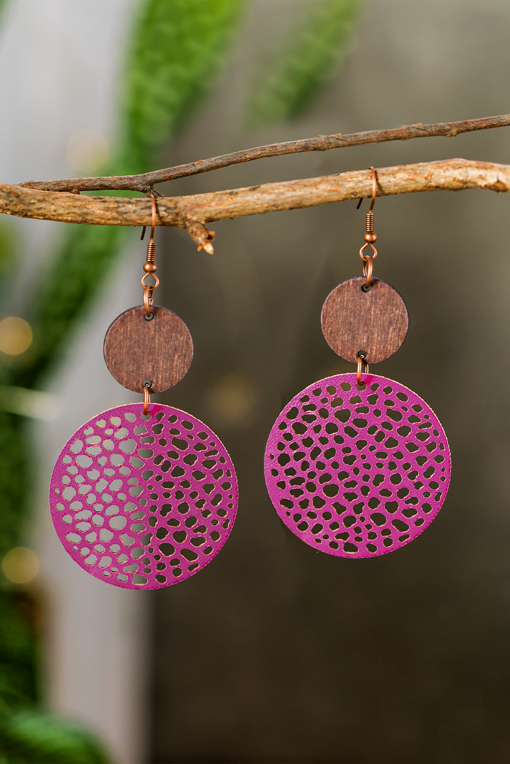 Rose Hollow Out Wooden Round Drop Earrings Jewelry JT's Designer Fashion