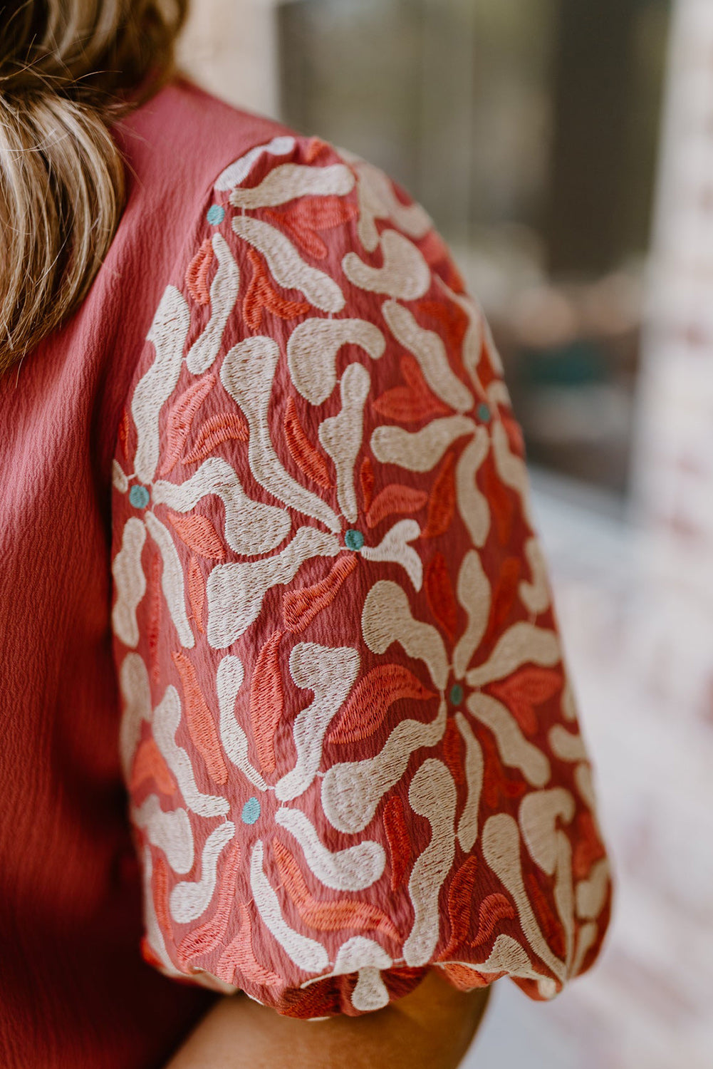 Peach Blossom Contrast Embroidered Sleeve Plus Size Blouse Plus Size JT's Designer Fashion