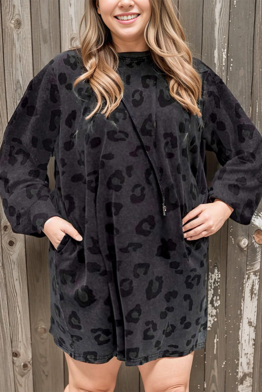 Gray Printed Mineral Wash Leopard Print Long Sleeve Knit Dress Plus Size JT's Designer Fashion