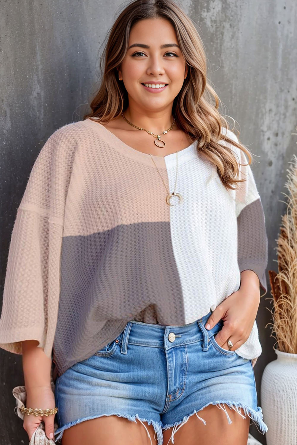 Multicolour Plus Size Bracelet Sleeve Colorblock Waffle Knit Top Plus Size JT's Designer Fashion