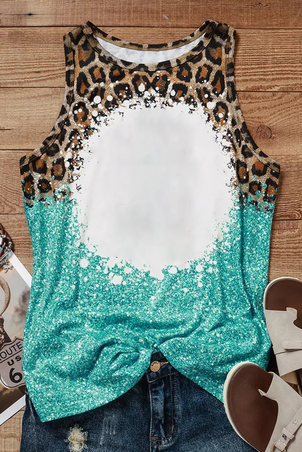 Light Blue Bleached Leopard Tie-dye Print Tank Top Tops & Tees JT's Designer Fashion