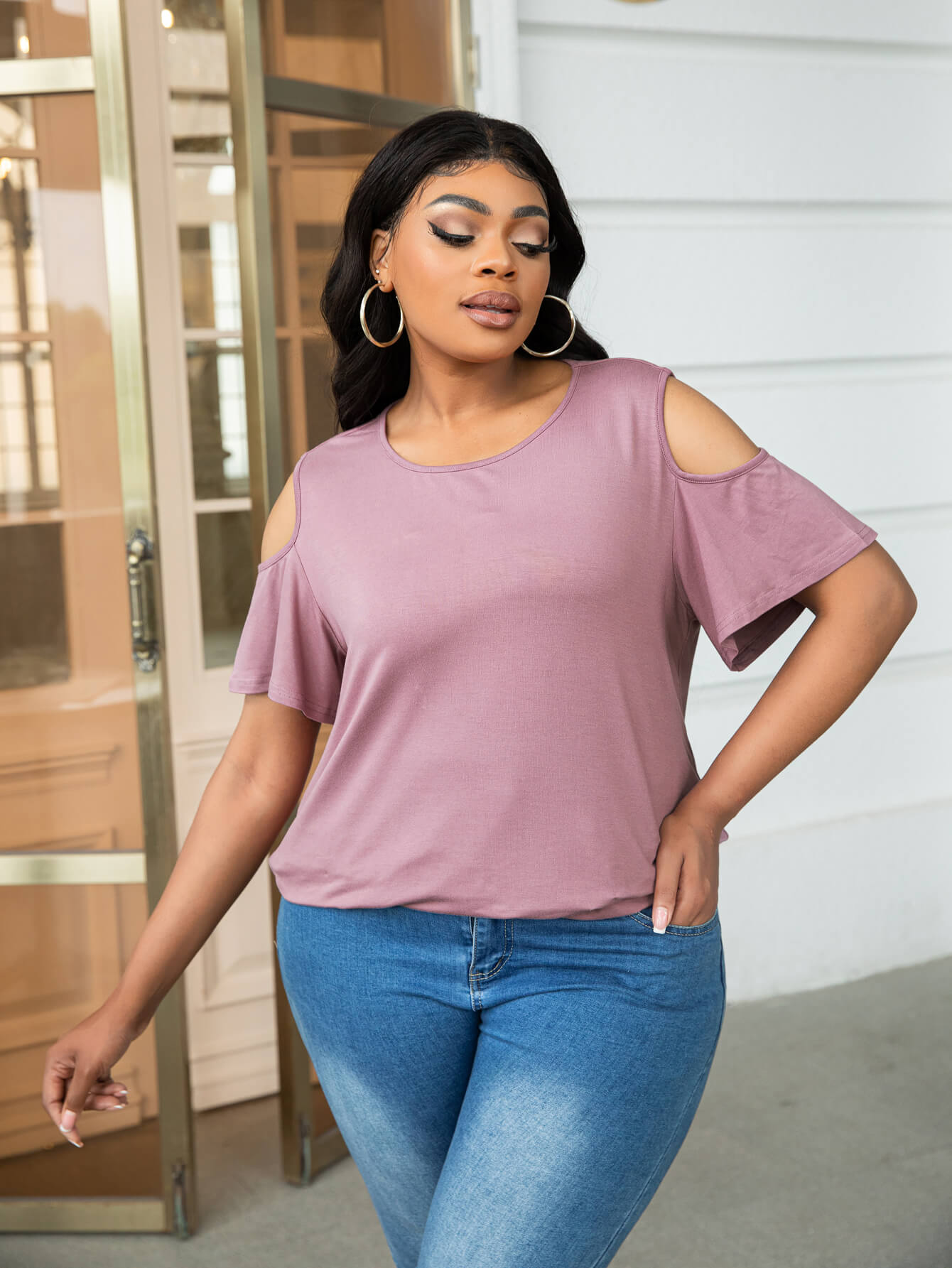 Plus Size Cold-Shoulder Round Neck Curved Hem Tee Plus Size Tops JT's Designer Fashion