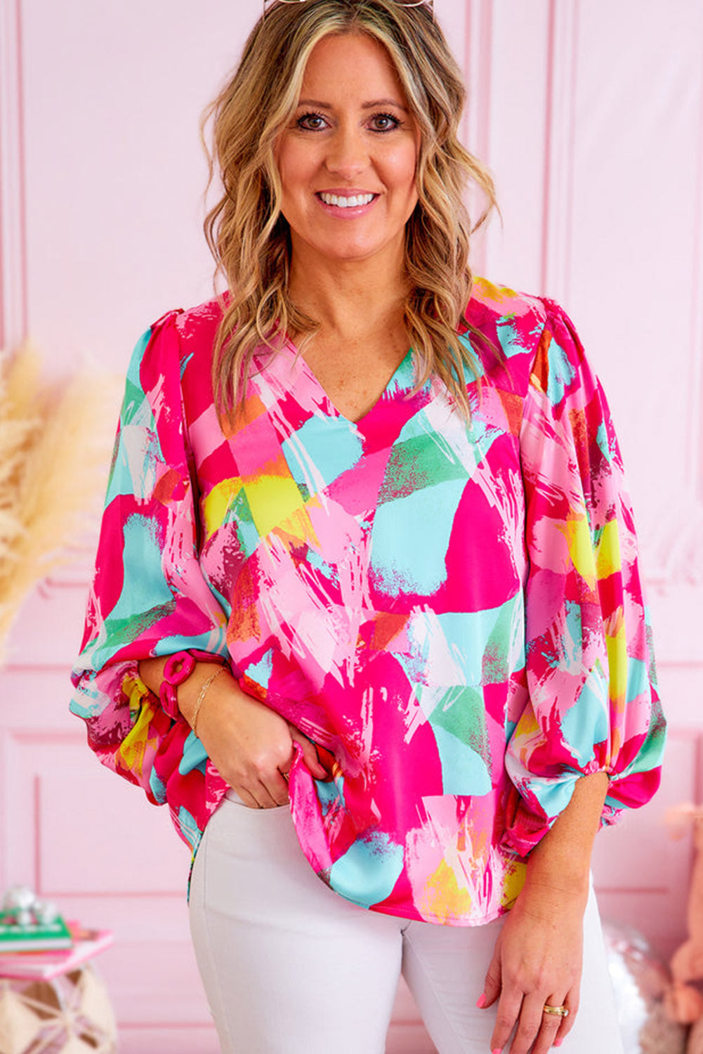 Pink Plus Size Graffiti Print Split Neck Puff Sleeve Blouse Plus Size JT's Designer Fashion