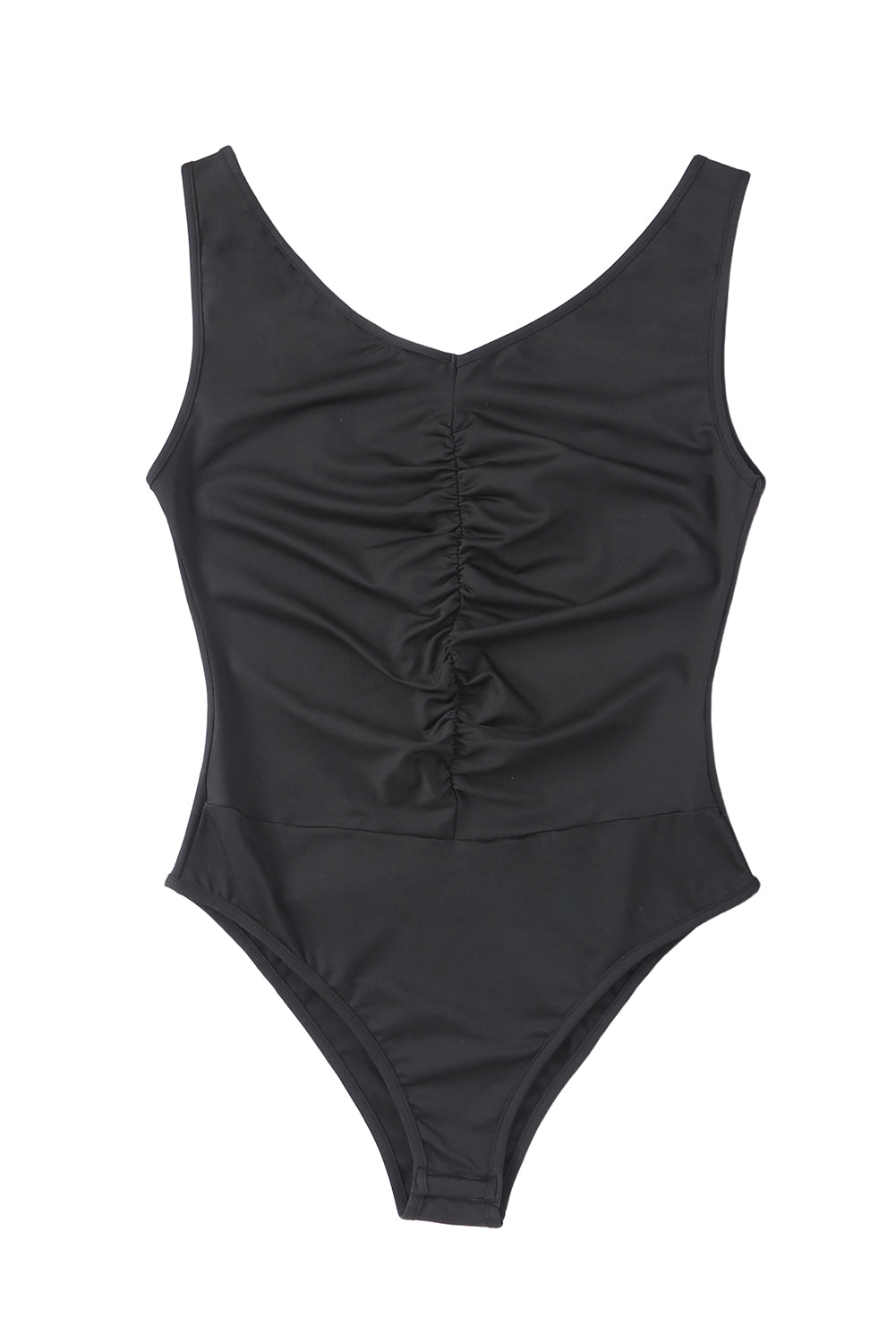 Black V Neck Sleeveless Ruched Bodysuit Bodysuits JT's Designer Fashion