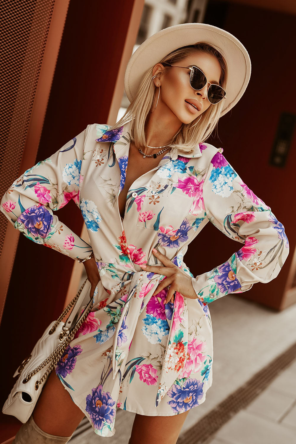 Multicolor Floral Print Wrap Tie Mini Shirt Dress Mini Dresses JT's Designer Fashion