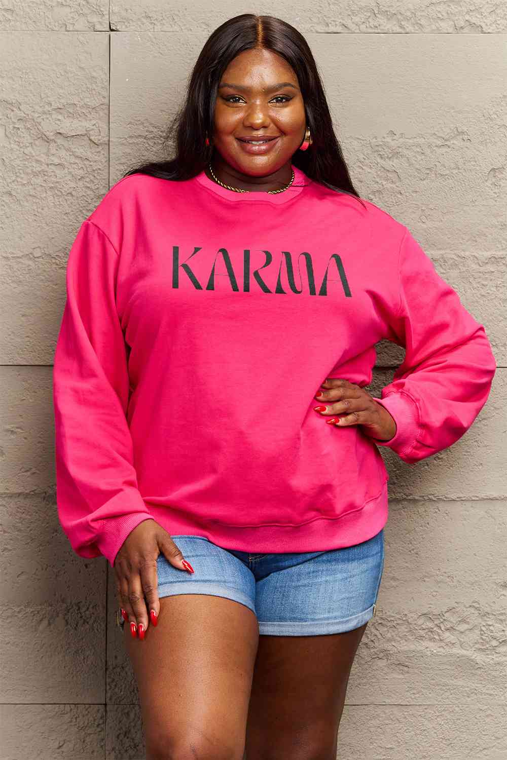 Simply Love Full Size KARMA Graphic Sweatshirt Deep Rose Graphic Sweatshirts JT's Designer Fashion