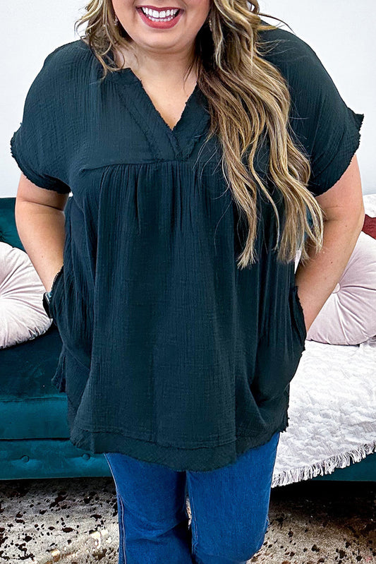 Black Plus Size V Neck Frayed Pocketed Top Plus Size JT's Designer Fashion